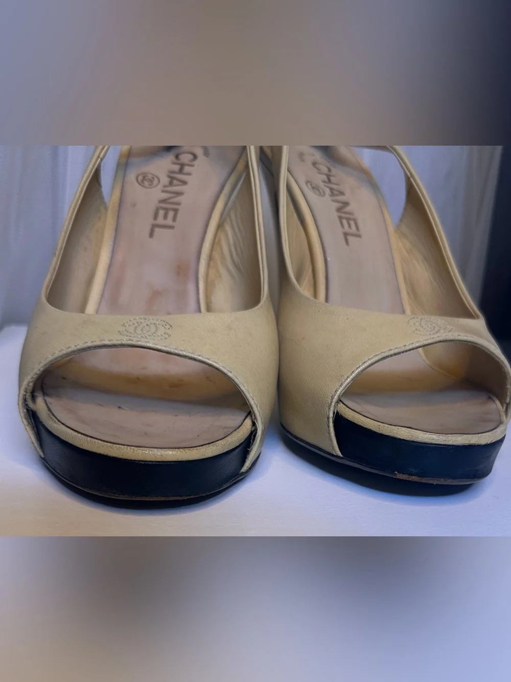 CHANEL Beige Leather Slingback Heels CC Logo Size 38C